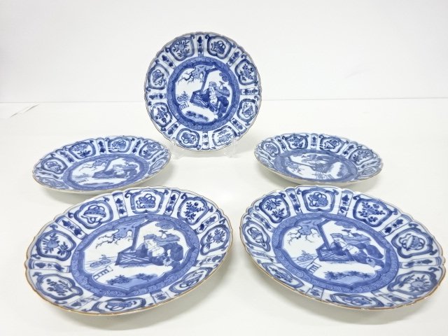 JAPANESE CERAMICS / KOIMARI / EDO ERA / PLATE SET OF 5 / BLUE & WHITE